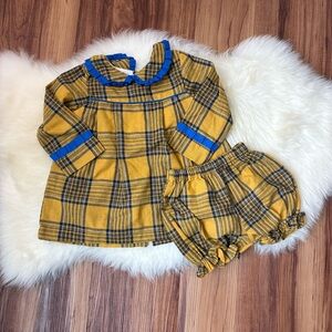 The Oaks Apparel Yellow Blue Plaid Peter Pan Collar Dress & Bloomers • Size 12M